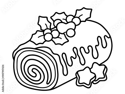 "Yule log" Christmas dessert shaped like a rolled cake, adorned with holly leaves and berries on top. Dripping icing decorates the surface, with two star-shaped cookies placed beside it.