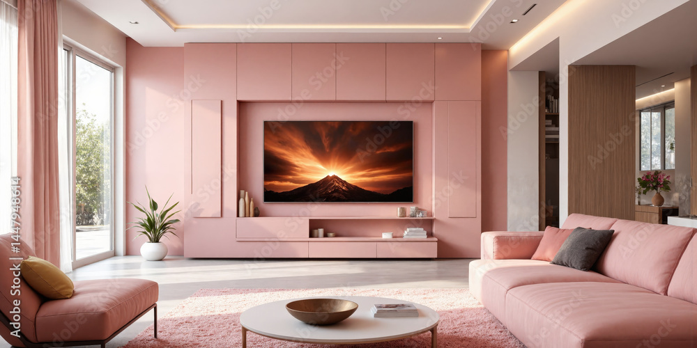 High-tech living room in blush pink, featuring AI-powered entertainment systems that adjust based on user preferences and smart furniture that High-tech living room in blush pink, featuring AI-powered entertainment systems that adjust based on user preferences and smart furniture that