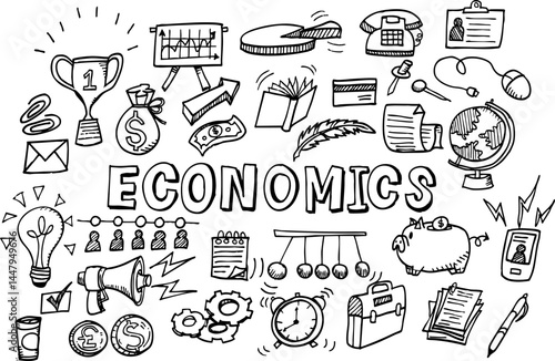 Doodle-style economic background. Hand-drawn vector illustration with business and financial elements.