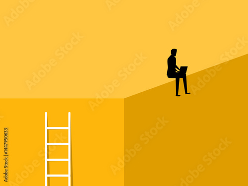 Stress, economic recession, Businessman sitting on the corner of the building suffering