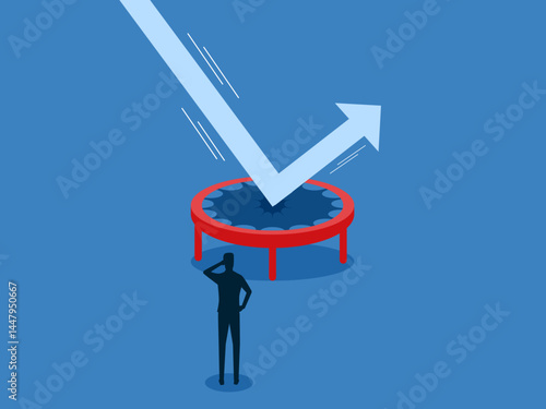 Protect the downside in the stock market, businessman looking at the arrow bouncing on a high jump trampoline