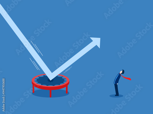man looking at the arrow bouncing on a high jump trampoline