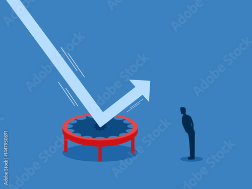 Bullish trader, businessman looking at the arrow bouncing on a high jump trampoline