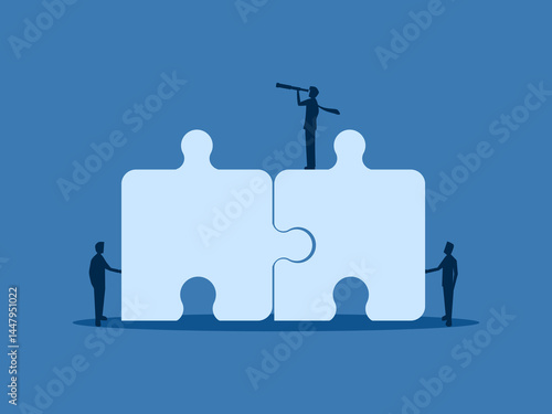 Businessman with vision searching for connections with two employees on a jigsaw puzzle