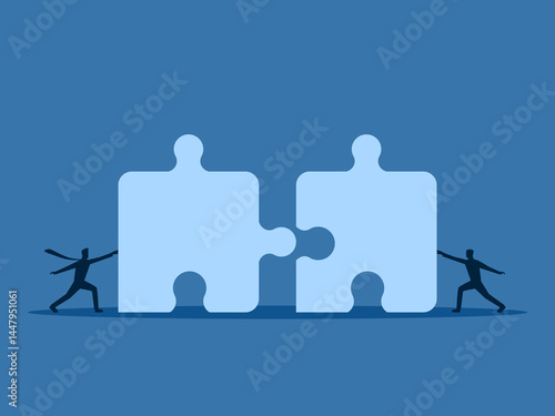 Merge, Two businessmen are solving puzzle symbols