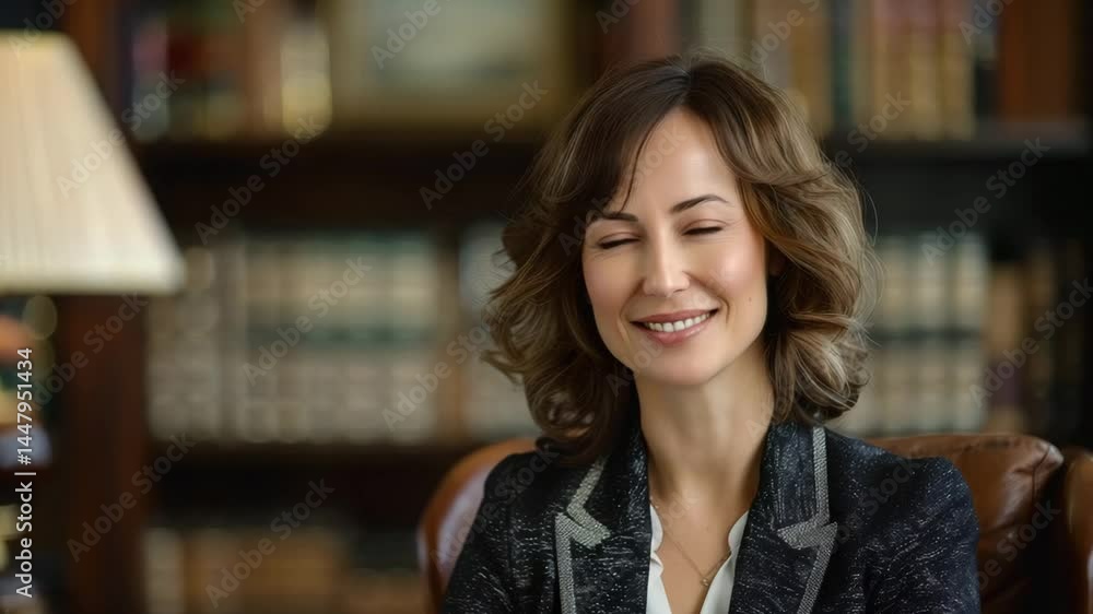 Professional lawyer smiling confidently in a sophisticated library setting during a bright day Professional lawyer smiling confidently in a sophisticated library setting during a bright day