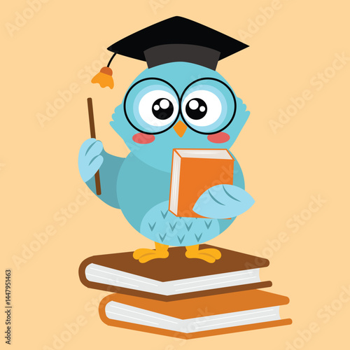Cute Owl Graduation Hat Standing On Book Cartoon Vector Icon Illustration holding book and wearing glasses. Cute Owl Graduation Cartoon, Cute an owl holding a book cartoon illustration Study icon 