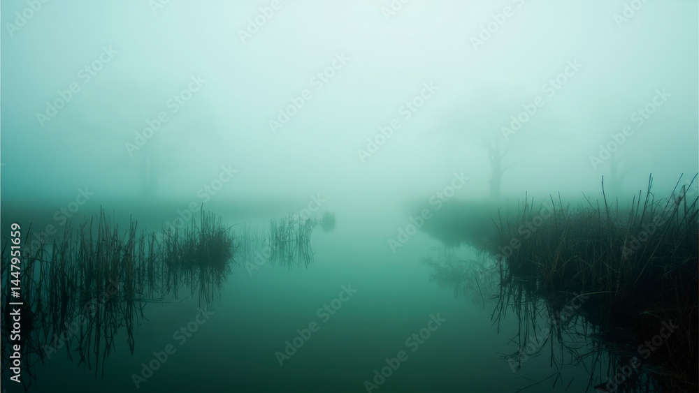 Fototapeta premium A mystical, serene waterscape enveloped in dense fog, invoking a sense of mystery and tranquility. The water reflects the hazy sky, creating an ethereal atmosphere.