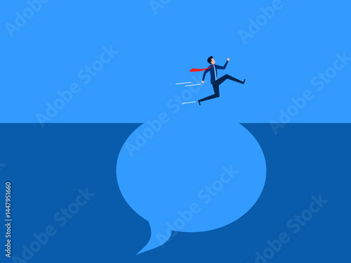 Escape from the news, businessman jumps through speech bubbles