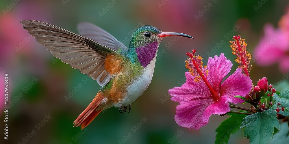 Fototapeta premium Hummingbird hovering near pink hibiscus flower in a vibrant garden setting