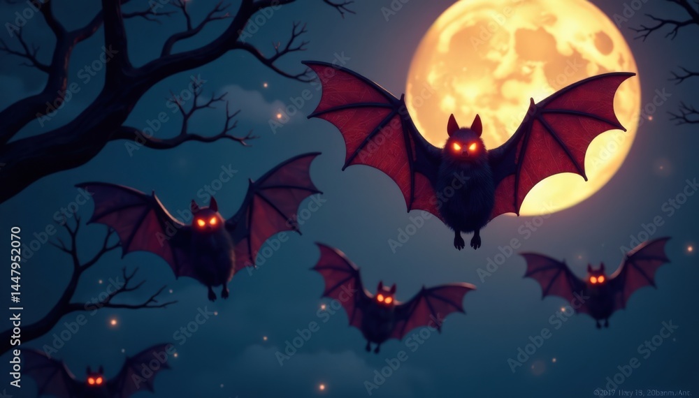 Group of bats flying in formation with glowing eyes and skeletal branches above, glow, formation, flying Group of bats flying in formation with glowing eyes and skeletal branches above, glow, formation, flying