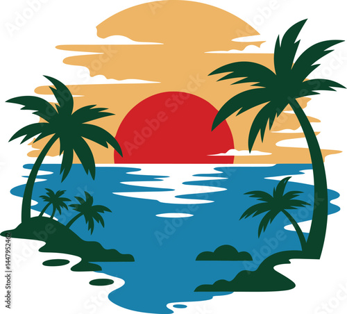 Tropical summer island with palm trees on a sandy beach meets the blue sea under the sun