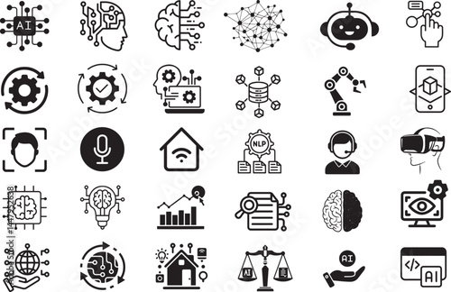 AI and Technology Icon Set – 25 Editable EPS Vector Icons Representing Artificial Intelligence, Machine Learning, Automation, Robotics, and Smart Systems