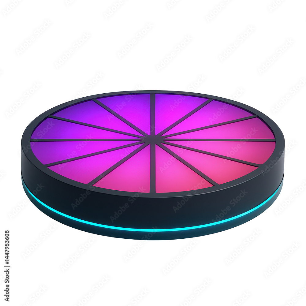 Obraz premium Futuristic round light display featuring a vividly colored segmented top and a bright blue edge glow.