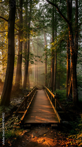 Tranquil Wooden Bridge Through a Misty Forest at Dawn