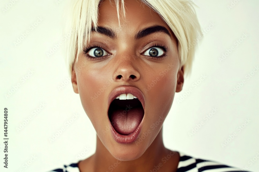Stunning very amazed mixed-race girl - for ads, media and internet networks use. Short trim - blond hair. Commercial ad campaign conceptual art. Fashionable short hair portraits. Glam look.