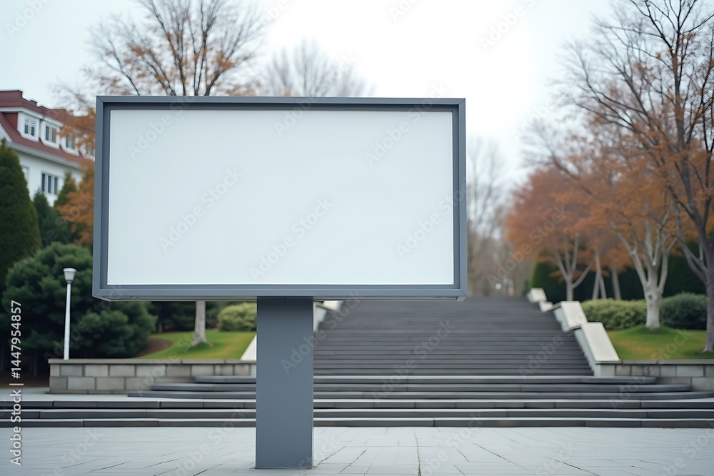 Fototapeta premium Blank Billboard Mockup In Front Of Stone Steps And Bare Trees Under An Overcast Sky, Outdoor Advertising Placement