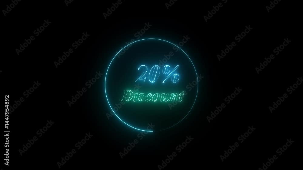 A dynamic circular animation, and glowing neon number 20% discount animation . on a black background. A dynamic circular animation, and glowing neon number 20% discount animation . on a black background.