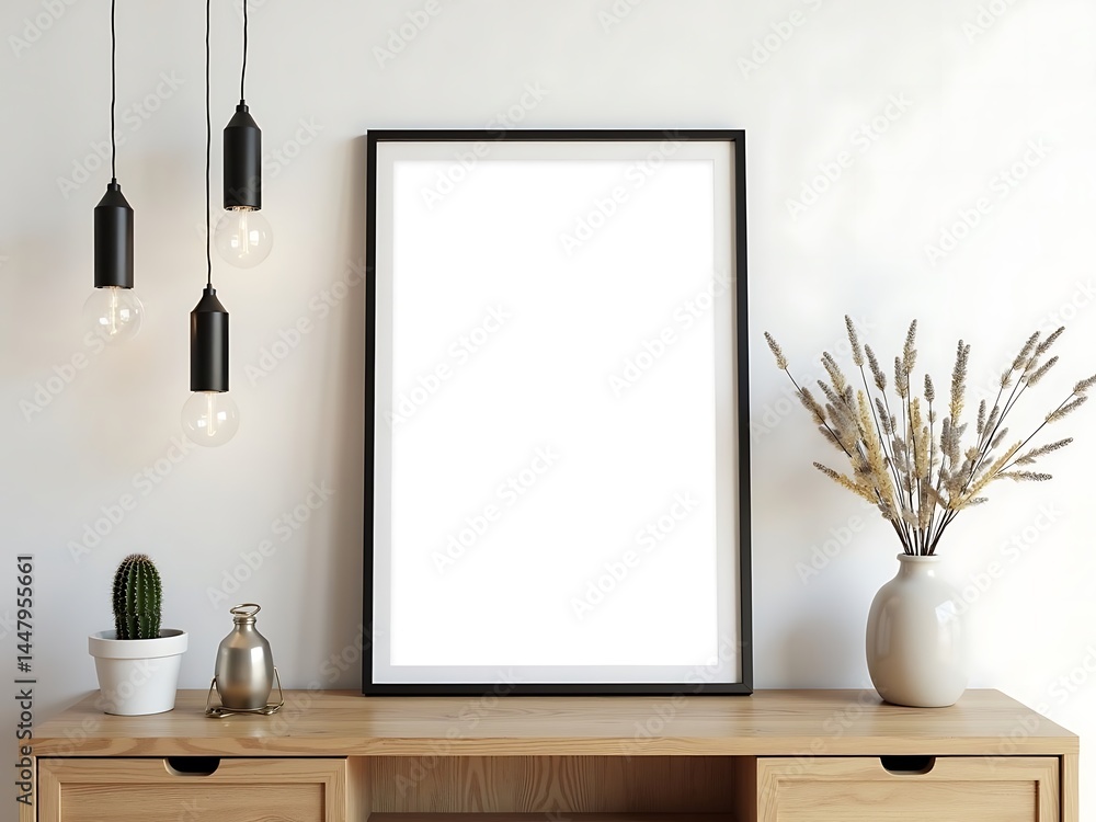 Blank Frame Mockup Sits On A Wooden Cabinet Next To A Cactus And Decorative Plants, Home Decor Showcase Blank Frame Mockup Sits On A Wooden Cabinet Next To A Cactus And Decorative Plants, Home Decor Showcase