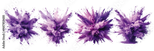 Colorful purple explosions of powder creating beautiful abstract art on a white background
