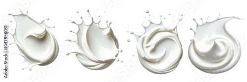Collection of four different creamy white splashes and swirls of liquid on a white background showcasing texture and movement