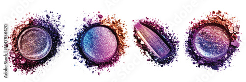 Colorful makeup powders arranged artistically with shimmering pigments and crushed textures on a white background
