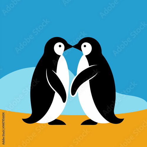 Vector art illustration of penguins in love on the beach