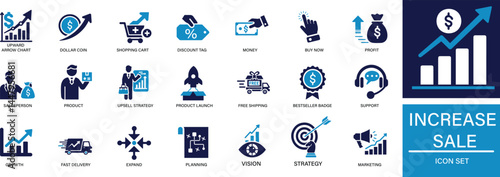 Flat icon set representing sales growth, marketing performance, profit increase, and business success
