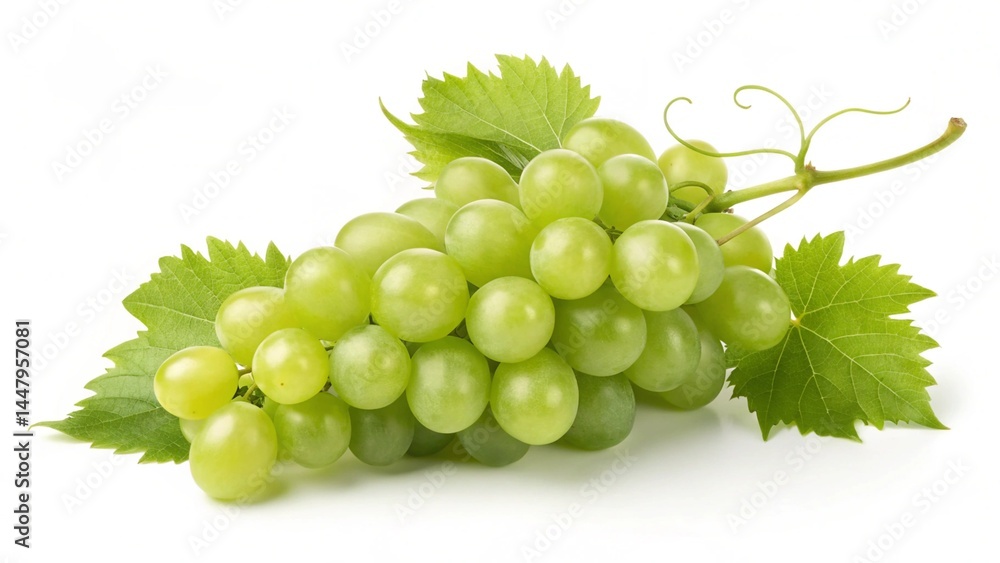 Fresh Green Grapes with Leaves on White Background Fresh Green Grapes with Leaves on White Background