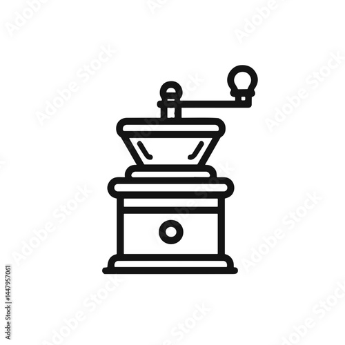 Minimalistic illustration of a traditional coffee grinder in black and white