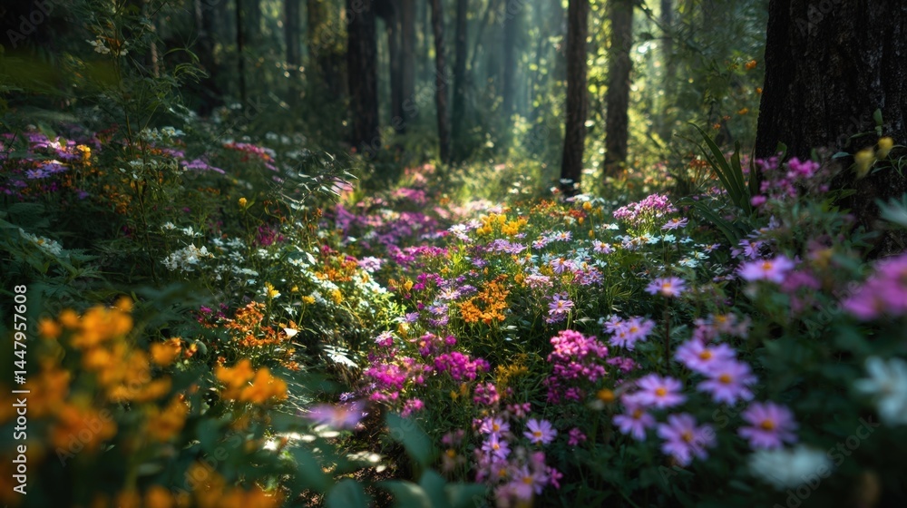 Obraz premium Sunlit Forest Path with Vibrant Wildflowers Blooming in Springtime