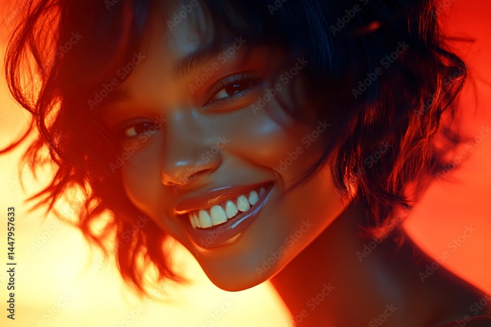 Short haircut - highlighted hair. Commercial ad campaign conceptual art. Pretty happy mixed-race girl - for ads, billboard and web use. Advertising trend photo. Short hair portrait.