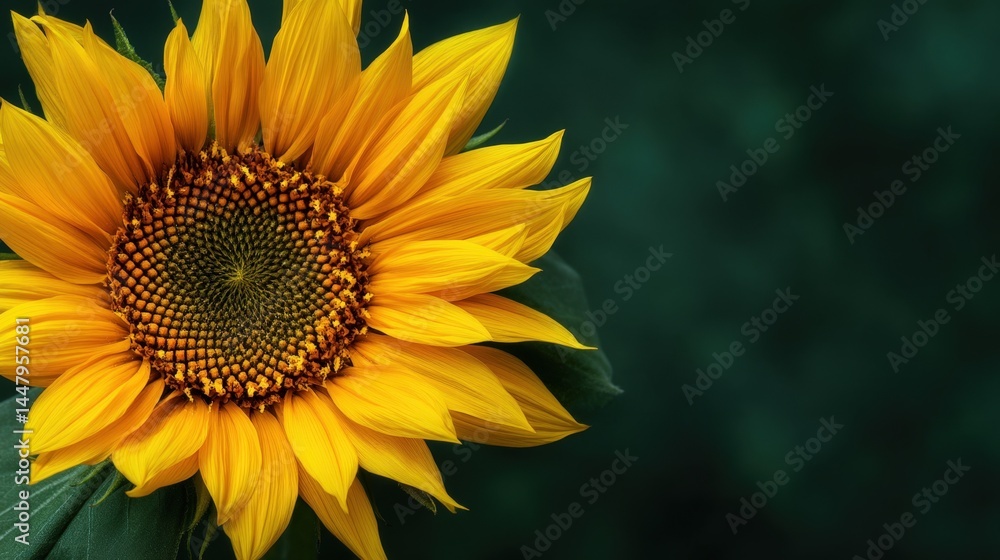 Fototapeta premium Vibrant Yellow Sunflower Close Up Against a Dark Green Background A Stunning Floral Image Perfect for Nature Projects