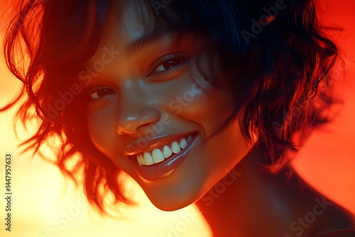 Obraz na płótnie Short haircut - highlighted hair. Commercial ad campaign conceptual art. Pretty happy mixed-race girl - for ads, billboard and web use. Advertising trend photo. Short hair portrait. w salonie