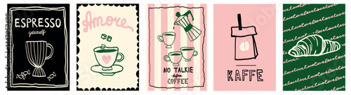 Coffee cup cafe poster illustration branding vector illustration set. Drink promotion beverage banner flyer menu collection in simple doodle sketchy whimsical retro style.