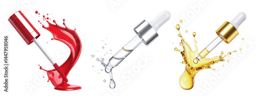 Colorful splashes of red nail polish, clear serum, and golden oil with droppers on a clean background