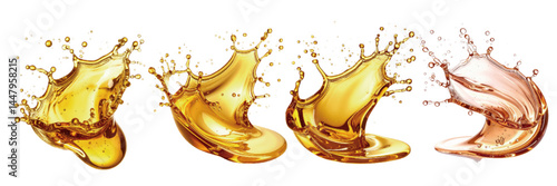 Splashes of golden liquid forming dynamic shapes on a white background, showcasing different textures and translucence