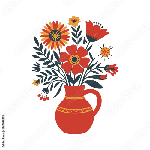 Colorful bouquet of flowers in a vase with pink, yellow, and orange blooms, arranged beautifully with leaves, petals, and a natural spring vibe