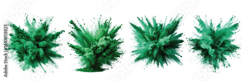 Green powder explosion creating dynamic and vibrant splashes against a white background in four different formations