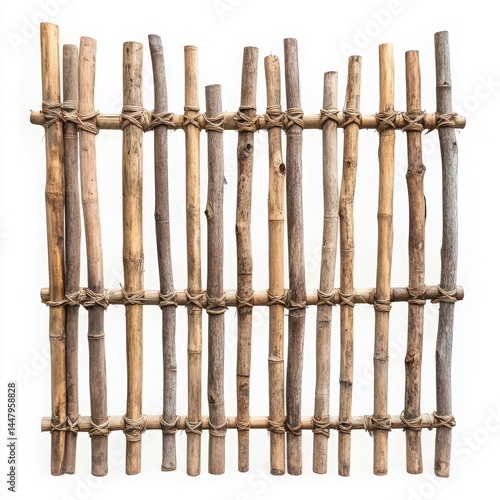 Rustic bamboo fence tied with rope, decorative garden element isolated on white background