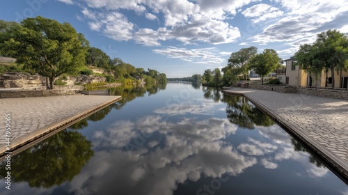 Appleton Wisconsin Fox River panorama Bright sunlight reflecting on the water Ideal postcard image - panorama buildings sky