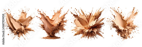Dynamic splashes of liquid foundation showcasing texture and color variations isolated on a white background for beauty applications
