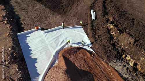 High angle top down late afternoon footage of bulldozer maching covering layers of geotextile with dirt and soil for the construction of a highway. Freeway build site with geosynthetic fabric burried
