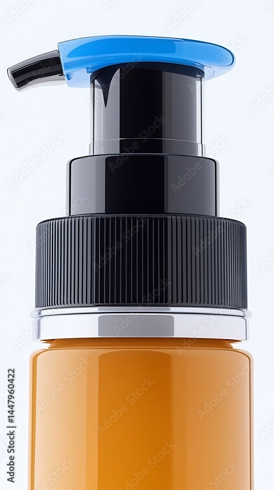 Fototapeta premium Dispenser top, clear orange bottle, black nozzle, blue cap, and shiny silver base