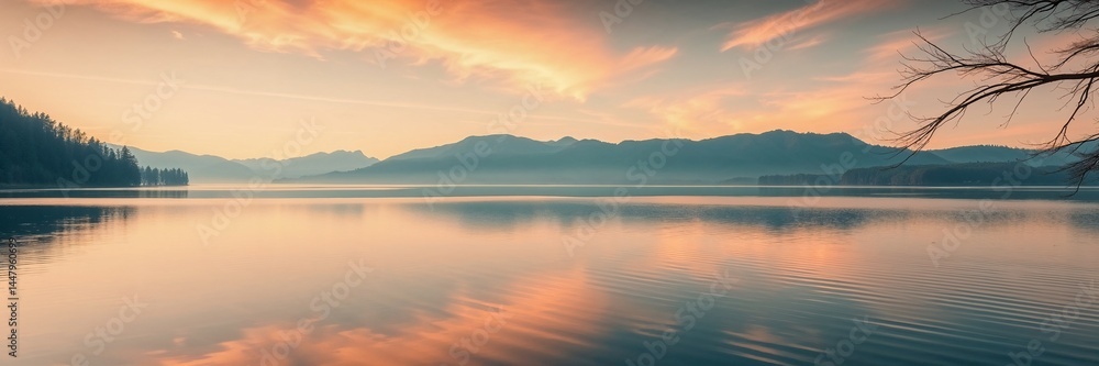 Serene Lake at Sunset Reflecting Mountains and Sky Serene Lake at Sunset Reflecting Mountains and Sky