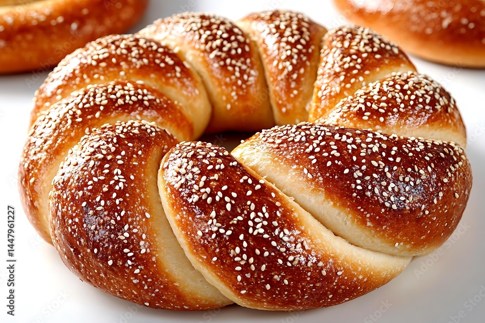 Baked Twisted Bread Ring with Sesame Seeds, Shiny Golden Crust, Traditional Baked Twisted Bread Ring with Sesame Seeds, Shiny Golden Crust, Traditional