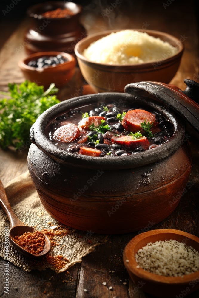 A steaming bowl of Brazilian feijoada, a rich, flavorful black bean and sausage stew. A steaming bowl of Brazilian feijoada, a rich, flavorful black bean and sausage stew.