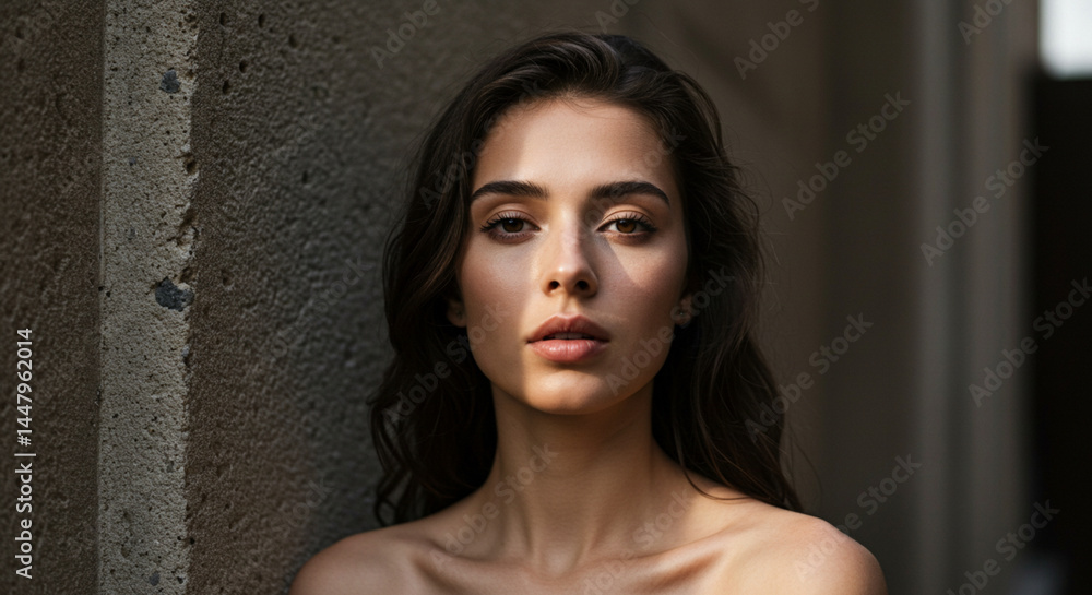 Portrait of a Woman in Shadow with Dramatic Lighting on Concrete Wall Portrait of a Woman in Shadow with Dramatic Lighting on Concrete Wall