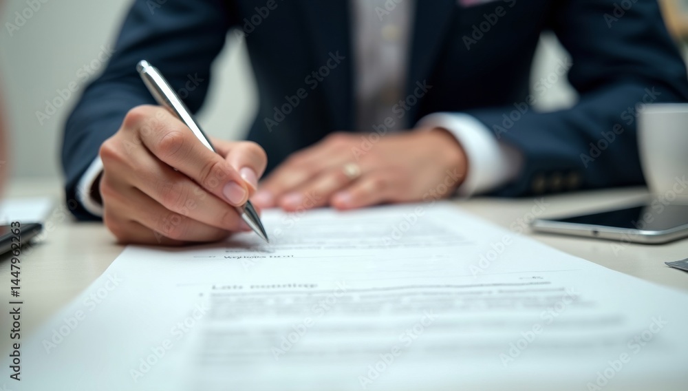 Horizontal closeup image black businessman sitting at desk signing contract Horizontal closeup image black businessman sitting at desk signing contract