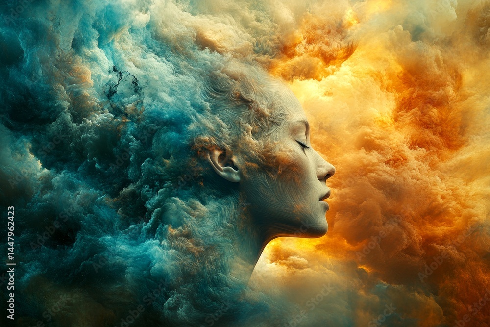 Eerie atmosphere. Losing hair - nightmares, bad dreams: abstract image of mental state. Metaphorical losing hair physical senses, of fear and despair. Night panic. Sleep trauma. Deep fear.